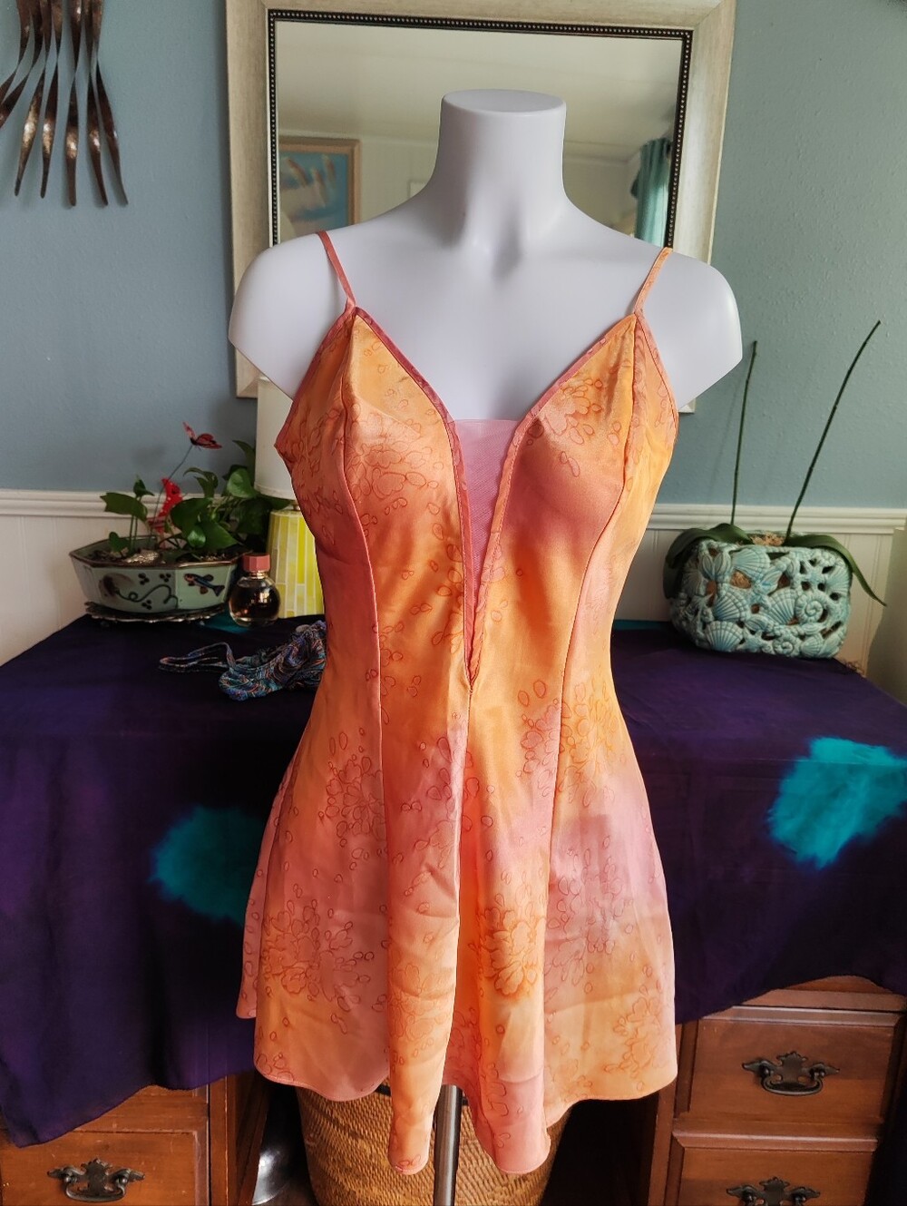 Victoria's Secret Orange-Pink Satin Floral Chemise